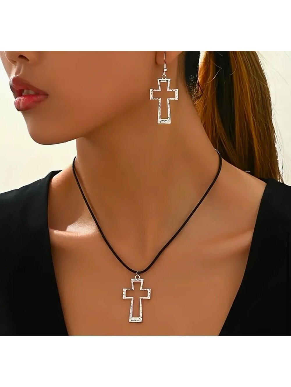 New - Vintage Boho Style Hollow Cross Jewelry Set - Necklace & Dangle Earrings